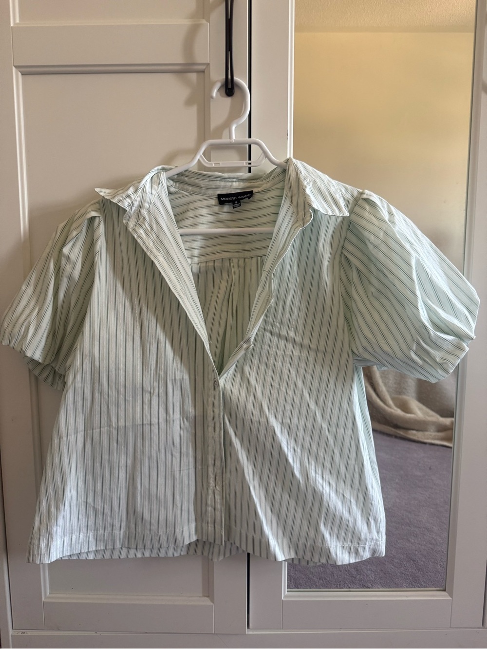 Light Green Pinstripe Button-Up Top | Puff Sleeve Blouse